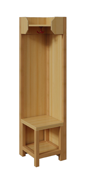 Außenecke links  für Kindergartengarderobe mit offener Ablage mit Stützen Höhe 130 cm buche
