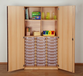Boxenschrank 2 Einlegeböden 30 Boxen 104,5 x 190 x 50 cm buche