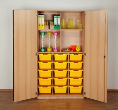 Boxenschrank 2 Einlegeböden 15 Boxen 104,5 x 190 x 50 cm buche