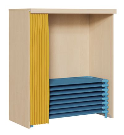 Regal für max. 20 Stapelliegen 130 cm lang mit Vorhangeinrichtung