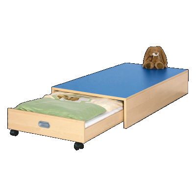 Rechteck-Podest mit Auszugsbett mit Linoleum-Deckplatte für eine  Matratze