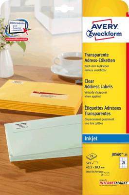 AVERY Zweckform Adressetiketten /J8560-25, transparent, 63,5x38, Inh. 525