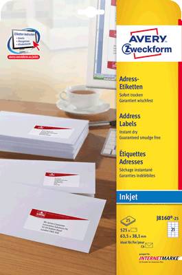 AVERY Zweckform Adress-Etiketten/J8160-25, weiß, 63,5x38,1, für C6, Inh. 525