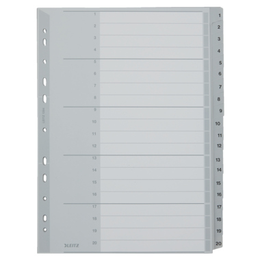 Leitz Register 12840000 1-20 DIN A4 volle Höhe 20teilig PP grau