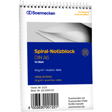 Soennecken Notizblock 1123 DIN A6 60g kariert 50Blatt weiß