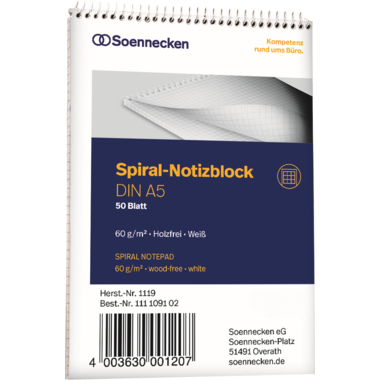 Soennecken Notizblock 1119 DIN A5 60g kariert 50Blatt weiß