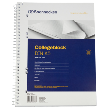 Soennecken Collegeblock 2364 DIN A5 gelocht liniert 80Blatt weiß