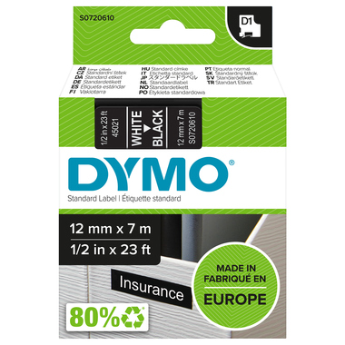DYMO Schriftbandkassette D1 S0720610 12mmx7m weiß auf schwarz