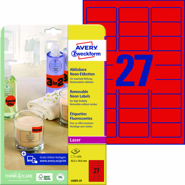 Avery Zweckform Etikett L6003-25 63,5x29,6mm neonrot 675 Stück