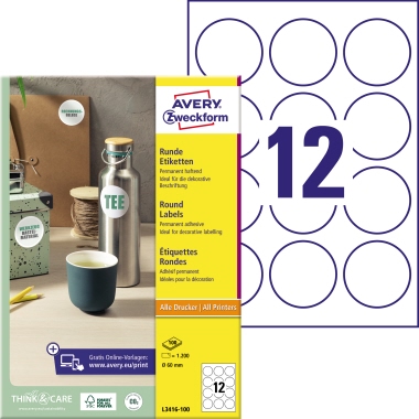Avery Zweckform Etikett L3416-100 60mm rund 1200 Stück