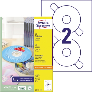 Avery Zweckform CD/DVD-Etikett L6043-100 matt weiß 200 Stück