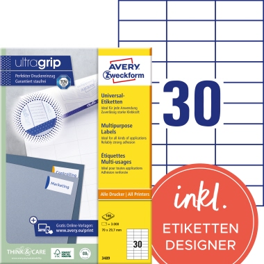 Avery Zweckform Universaletikett 3489 70x29,7mm weiß 3.000 Stück