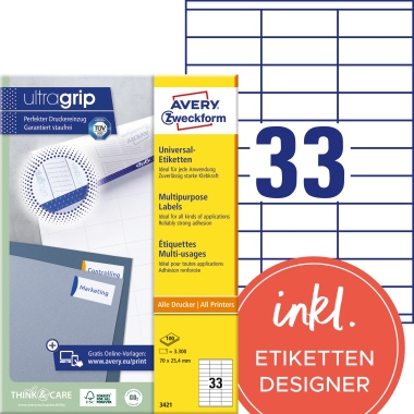 Avery Zweckform Universaletikett 3421 70x25,4mm weiß 3.300 Stück