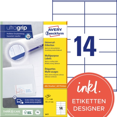 Avery Zweckform Universaletikett 3477 105x41mm weiß 1.400 Stück