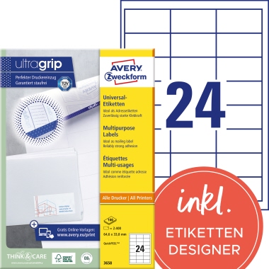 Avery Zweckform Universaletikett 3658 64,6x33,8mm weiß 2.400 Stück