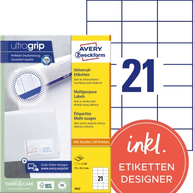 Avery Zweckform Universaletikett 3652 70x42,3mm weiß 2.100 Stück