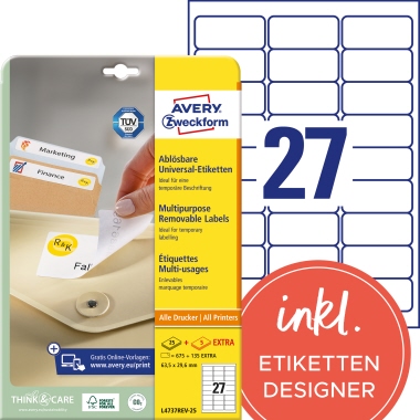 Avery Zweckform Etikett L4737REV-25 63,5x29,6mm weiß 810 Stück