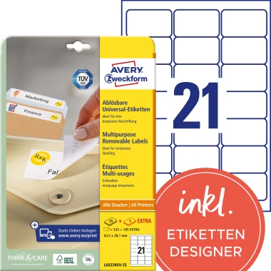 Avery Zweckform Etikett L6023REV-25 63,5x38,1mm weiß 630 Stück