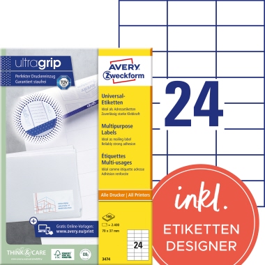 Avery Zweckform Universaletikett 3474 70x37mm weiß 2.400 Stück
