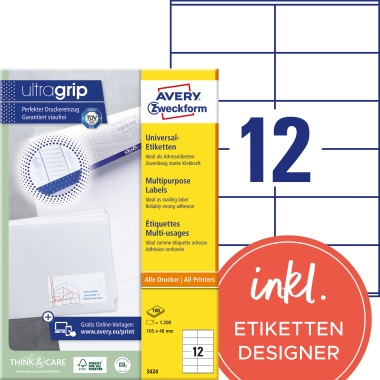 Avery Zweckform Universaletikett 3424 105x48mm weiß 1.200 Stück
