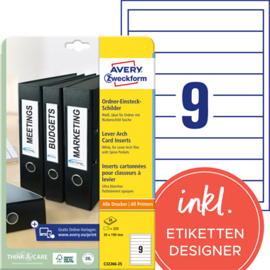 Avery Zweckform Einsteckrücken- schild C32266-25 schmal/kurz weiß 225 Stück