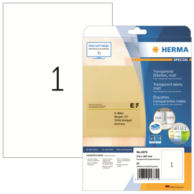 HERMA Folienetikett 4375 210x297mm transparent 25 Stück