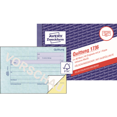 Avery Zweckform Quittung 1736 DIN A6 quer 2x40Blatt