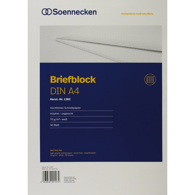 Soennecken Briefblock 1382 DIN A4 70g holzfrei 50Blatt kariert weiß