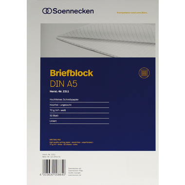Soennecken Briefblock 2311 DIN A5 70g liniert 50Blatt weiß