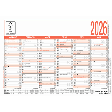 ZETTLER Arbeitstagekalender 2026 900-0000 A6