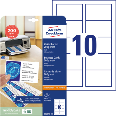 Avery Zweckform Visitenkarte C32010-10 DIN A4 weiß 10 Stück