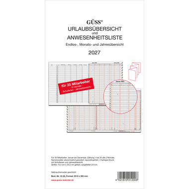 GÜSS-Urlaubs- und Anwesenheitsliste 2021 16x30cm