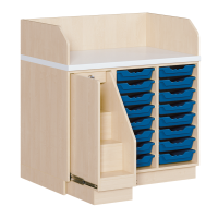Wickelkommode dreireihig Ausziehbarer Aufstieg links mittig und rechts Regal mit jeweils 8 Ergo Tray Boxen 71cm tief